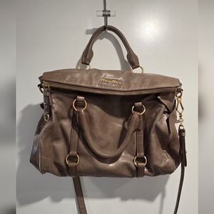 Miu Miu Vitello LUX Bow Taupe Leather Shoulder & Hand Bag